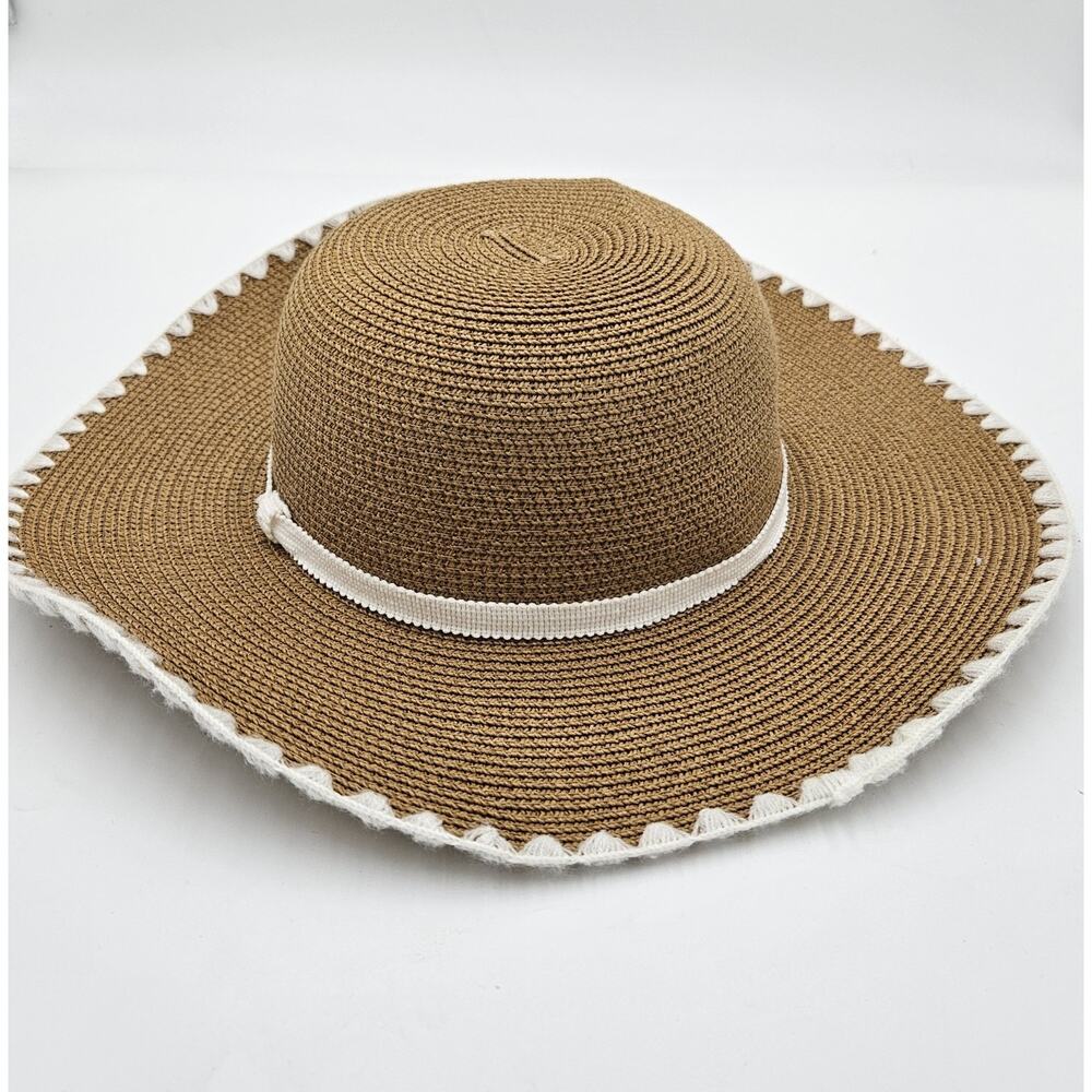 Jacobson Woven Tan Straw Sun Hat Wide Brim Embroidered Coastal Resortwear Garden